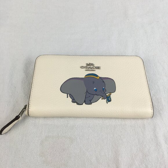 Disney Coach Dumbo Zip Wallet Ivory X Leather Accordion Long Wallet Logo Print - Picture 2 of 8